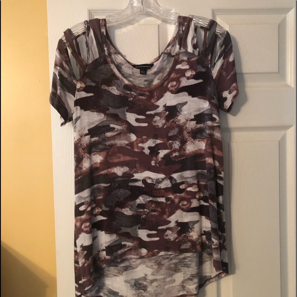 Camouflage print, Burgundy, gray & white top